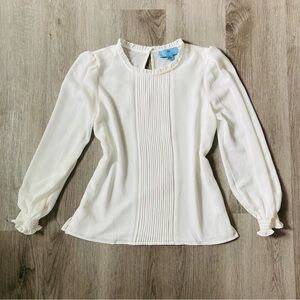 Cece White Pintucked Chiffon Top With Smocked Cuffs